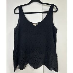 Everleigh Black Swiss Dot Eyelet‎ Lace Hem Tank Top Medium Scalloped Hem